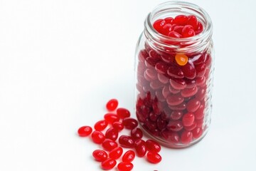 Ripe red gummy candies in glass jar on white background
