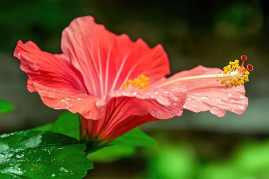 Red hibiscus flower blooming in the garden, stock photo