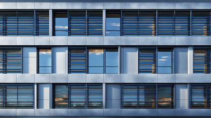 Obraz premium Modern architectural facade with a grid of windows reflecting the sky, conveying a sense of order and modernity