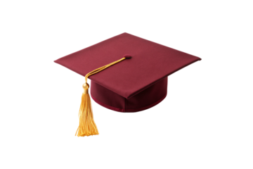 Burgundy red graduation cap with gold tassel, deep maroon mortarboard, side perspective view shown, isolated on a transparent background