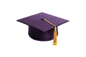 Purple graduation cap with gold tassel, mortarboard viewed from different angle, ceremonial academic headwear, isolated on a transparent background