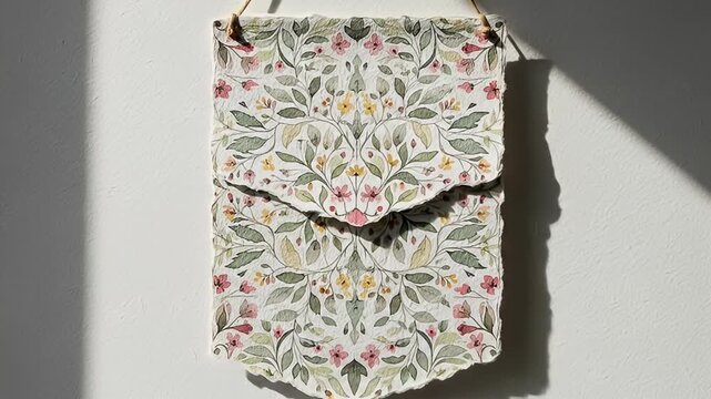 Hanging floral envelope with a textured surface, casting a shadow on a white wall