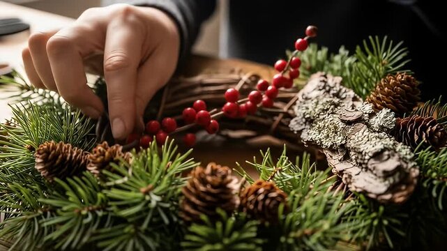 Hands arranging red berries in a natural evergreen and pinecone holiday wreath