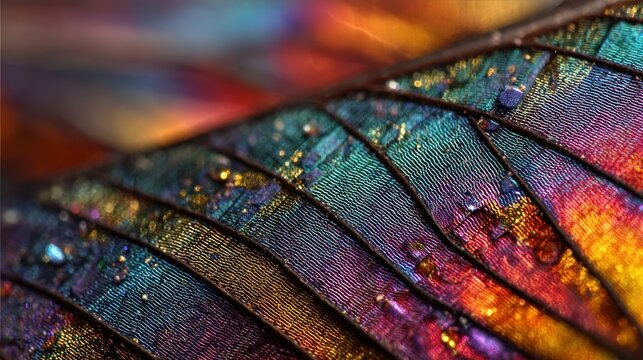 Iridescent textural wing macro with water droplets