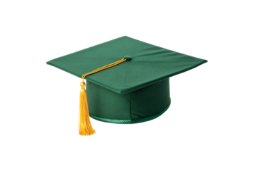 Green graduation cap mortarboard with golden yellow tassel hanging from button on square academic headwear, isolated on a transparent background