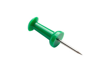 Green thumbtack shown horizontally with extended metal pin and dual plastic caps for secure posting, isolated on a transparent background