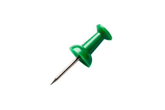 Green pushpin with metallic silver point and rounded plastic head for bulletin board attachment use, isolated on a transparent background