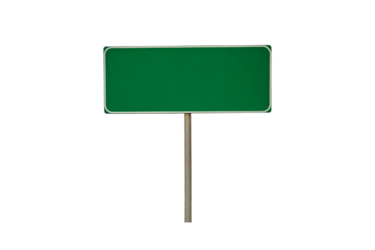 Empty green highway sign horizontal orientation white border mounted single post for traffic information display, isolated on a transparent background