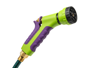 Isolated green and purple garden hose nozzle for irrigation or watering, close up view