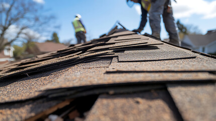 Roof repair in progress with workers visible on a sunny day. Focus on layered shingles.  Professional construction workers are inspecting a roof damage .