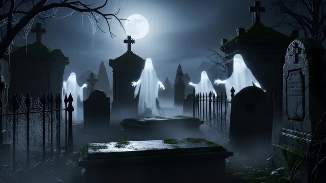 Gloomy graveyard with ghostly figures under a moonlit, misty sky