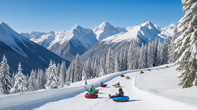 A snowy mountain scene with people tubing down a snowy hill under a clear blue sky