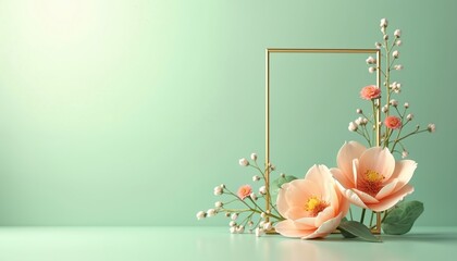 Golden square frame with delicate peach and pink blossoms and buds on soft green background. Empty space for text, copy, or design elements. Elegant, clean, and minimalistic.