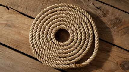 Thick Natural Fiber Rope Coiled on Wooden Planks Background twine cordage
