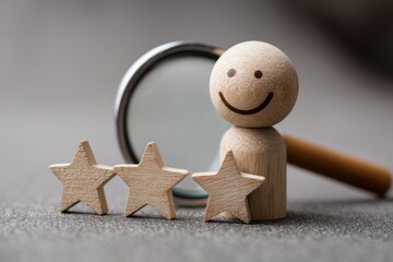 Customer Feedback Evaluation Examining Three Star Rating Wood Figures Magnifying Glass Exploring Customer Satisfaction Analysis Feedback Survey Wooden Toy Person Object Review Evaluation Symbol