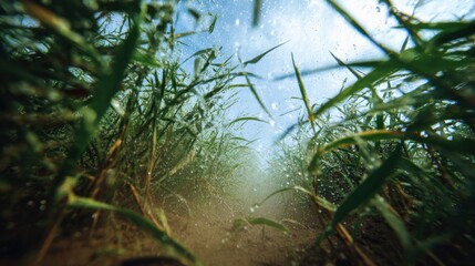 Fototapeta premium Low angle view through aquatic grass and clear water, showcasing nature's beauty