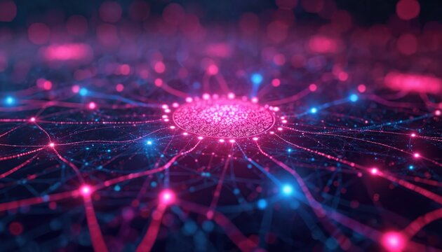 Abstract digital network with glowing pink, blue light points. Data lines interconnect nodes, forming complex tech grid. Central hub radiates vital information flow. Image shows modern digital