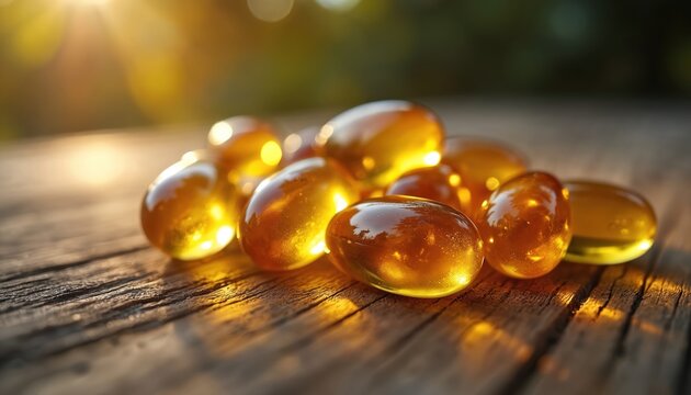 Golden Omega 3 fish oil capsules glisten on rustic wood. Sunlight creates warm reflections, rich color. Healthy supplements support wellness, provide essential vitamins. Scene evokes natural health,