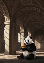 Happy Panda Holding Hamburger In Magnificent Classical Architectural