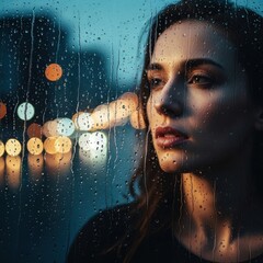 Thoughtful Young Woman Looking Out Window with Rain Droplets in Urban Night Scene