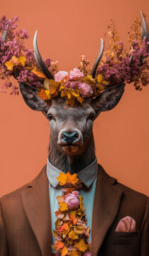 Dapper deer with floral antlers &ndash; &ldquo;autumn bloom&rdquo; portrait on orange background. Whimsical editorial for modern design use.
