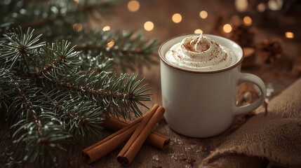 Hot Drink with Christmas Decoration. Festive cup of hot chocolate with cinnamon and fir decor. Perfect for holiday marketing, cozy lifestyle visuals, and winter ads.