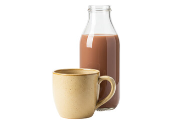 Isolated sweet chocolate milk drink in bottle with ceramic mug for beverage refreshment