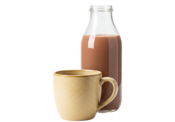 Isolated sweet chocolate milk drink in bottle with ceramic mug for beverage refreshment