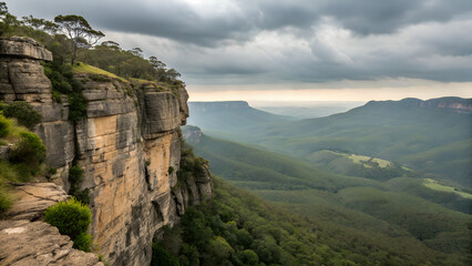 A sheer rock face overlooks a misty valley in Enshi  City, China.
