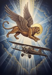 Mythical Winged Lion Flies High Over Biplane Aircraft