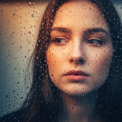 Young Woman Looking Through Rainy Window with Water Droplets in Soft Warm Light