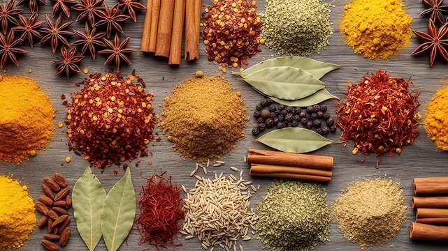 Array of spices, herbs, and seeds in small piles on a grey wooden surface