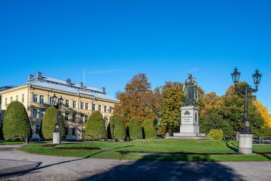 Carl Johans Park with the statue of king Karl XIV Johan during autumn in Norrkoping. Norrk&ouml;ping is a historic industrial town in Sweden.