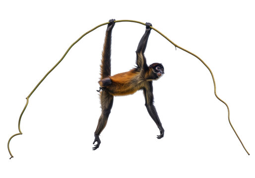 Isolated Spider Monkey Hanging Upside Down from Vine in Tropical Forest, Long Limbs, Animal