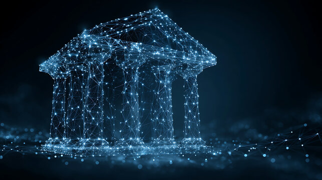 creative polygonal circuit banking hologram on blue wallpaper. digital transformation and online bank concept. 3d rendering. 37117088 1 86226242 1