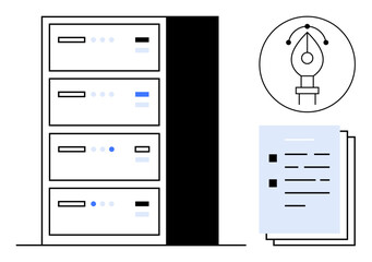 Data server tower, stack of documents, and digital pen tool highlighting database management, information storage, digital design concepts. Ideal for technology, business, digitalization, data © robu_s