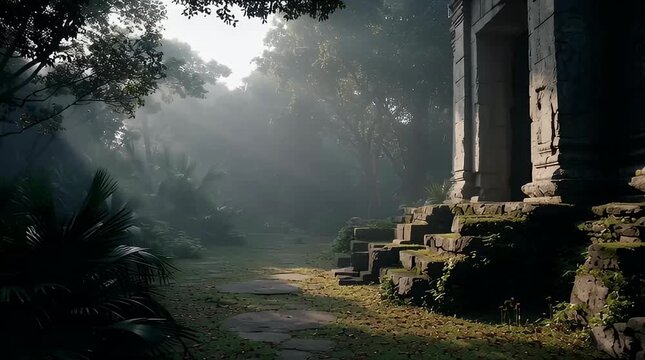 Misty Jungle Path Leads To Ancient Stone Ruins With Sunbeams Through Trees