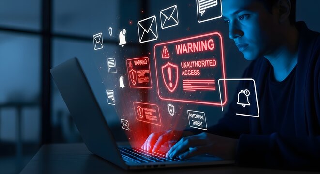 A person is using a laptop with a warning sign indicating unauthorized access, surrounded by digital icons. - Powered by Adobe