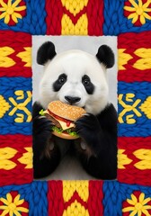 Adorable Panda Savors Hamburger Against A Colorful Textured