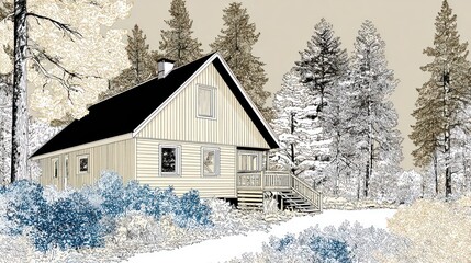 A secluded house nestled amongst stylized trees and foliage