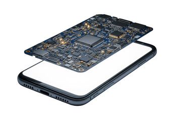 Opened smartphone, glowing circuit board, shimmering micro-transistors, blank OLED screen, macro shot, transparent background, concept of technological precision