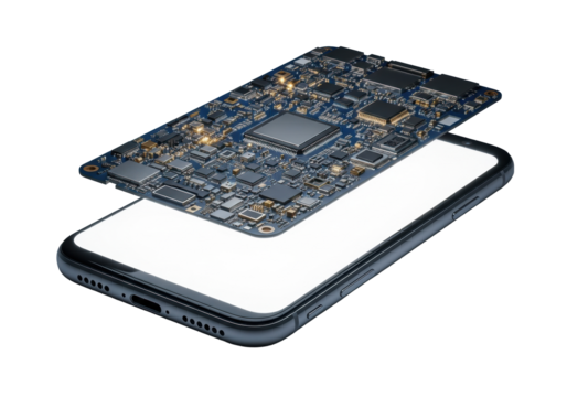 Opened smartphone, glowing circuit board, shimmering micro-transistors, blank OLED screen, macro shot, transparent background, concept of technological precision - Powered by Adobe