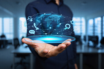 Global Communication and Network Technology Businessman Holding Connected World Map Hologram
