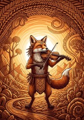 Mystical Fox Plays Violin Within Golden Detailed Tribal