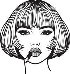 Retro 90s female face, bob haircut with bangs, lipstick detail, minimalist vector outline