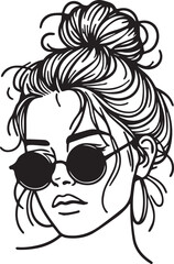 Retro 90s woman face, tied-up hair bun and round glasses, minimal vector black line