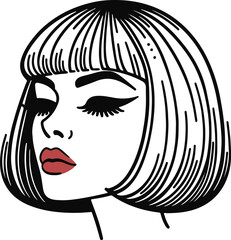Retro 90s female face, bob haircut with bangs, lipstick detail, minimalist vector outline