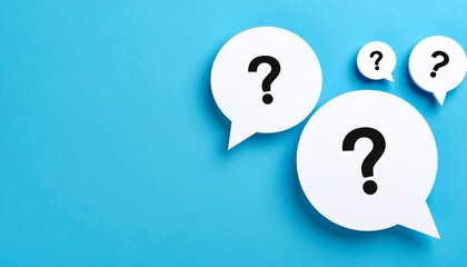 Five white speech bubbles with black question marks scattered on blue background.