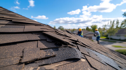 Roof repair underway on a sunny day with blue skies. Workers in yellow hats fix damaged shingles, ensuring home protection and structural integrity against the elements.