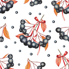 Hand drawn seamless pattern with chokeberries and bows. Watercolor illustration.